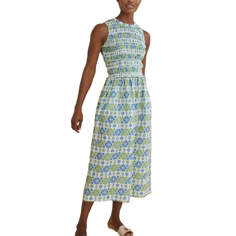 J. McLaughlin Ciri Smocked Sleeveless Midi Dress Linen Cotton Green Blue Print S - Picture 9 of 10